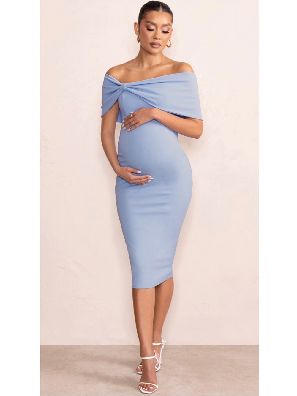 Club L London Powder Blue Alyssa Bardot Bow Maternity Midi Dress With Ruching 12